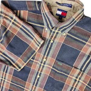 Tommy Hilfiger SS Madras Plaid Brown Button Down Shirt Mens S/P Linen Blend